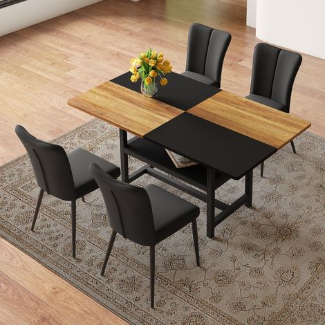 REDOM Conjunto de mesa de comedor con 4 sillas, almacenaje integrado, tablero de MDF, patas de metal, PU negro y marrón (1/5)