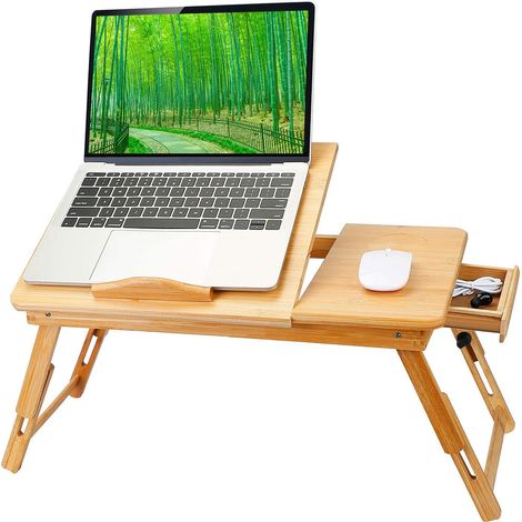 Table de lit pliante en bambou, table pour ordinateur portable,ordinateur portable lapdesk, réglable en hauteur, table de petit-déjeuner, pour sol de canapé-lit, couleur bois, 66 x 30 x 35 cm (1/5)