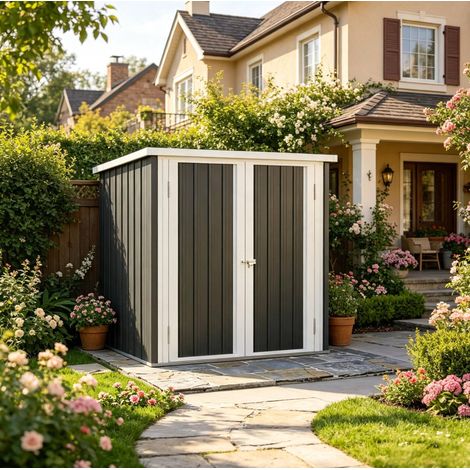 Casetta da giardino 147x86x134 cm, doppia porta con serratura, tetto inclinato, acciaio e polipropilene, nero bianco (1/5)