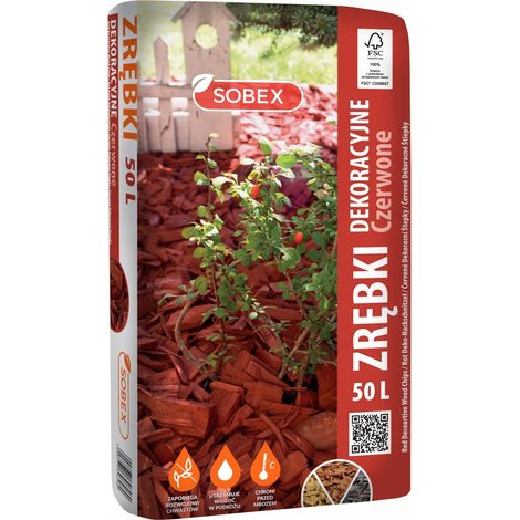 Copeaux de bois décoratifs rouges 50L – Paillage pour plante – Granulation 20-60 mm – Fabriqué en bois de pin