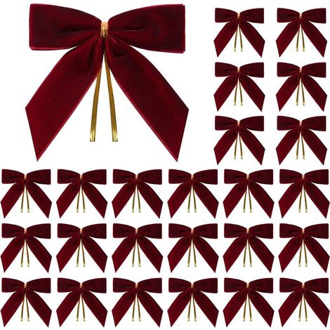 Lot de 24 décorations de Noël pour sapin et maison, nœuds en velours rouge et rubans dorés (bordeaux)