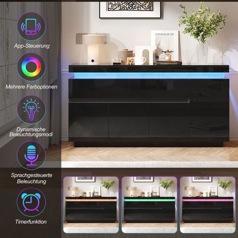 Buffet 140 x 35 x 72 cm rangement à 4 portes 2 tiroirs finition haute brillance éclairage led au sol coloris noir meuble bas (1/2)