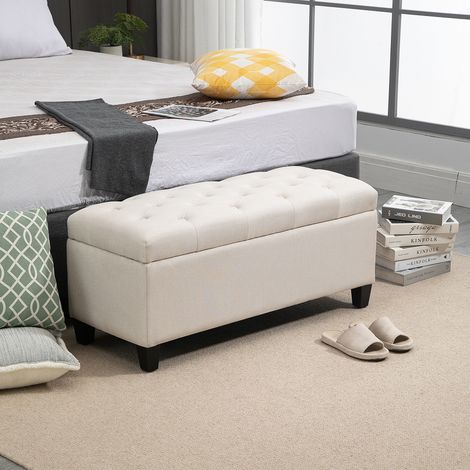 Banc de rangement, banquette capitonnée aspect lin, coffre de rangement avec pieds en bois, banc coffre pour salon, chambre, entrée, 100 x 40 x 44 cm, blanc crème (1/5)