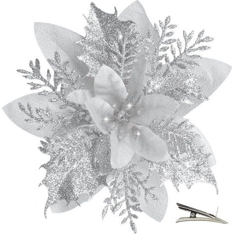 HOXILEELEO20 Pièces Fleur de Noël pour Sapin avec Clip, Fleurs de Noel Artificielles Glitter, Fleur Poinsettia Noel Sapin de Scintillantes (1/5)