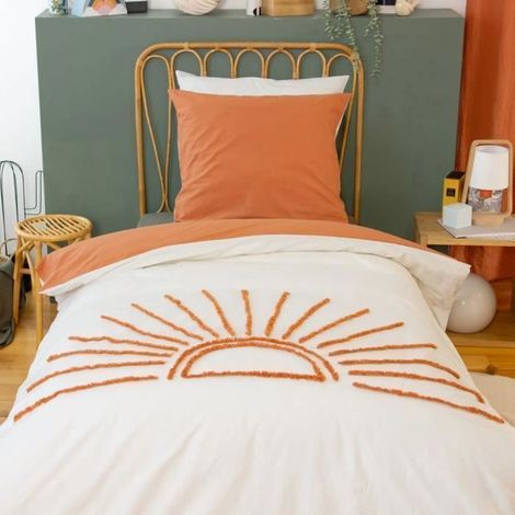Parure de lit imprimée 140x200 cm Enfant - Housse de Couette + 1 Taie d'oreiller 63x63 cm Motif Soleil tufté Orange et Blanc – Coton