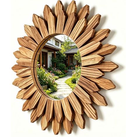 Miroir adhésif - Miroir soleil bohème - Miroir mural décoratif en bois 30 cm - Miroir soleil pour salon, couloir, chambre et salle de bain - Naturel 30 cm x 30 cm (1/5)