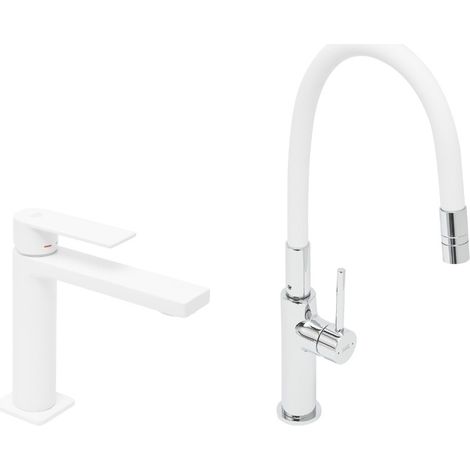 set mitigeur lavabo à levier sans vidage + mitigeur cuisine bec flexible, aérateur Neoperl®, blanc (SATBSD271B) (1/5)