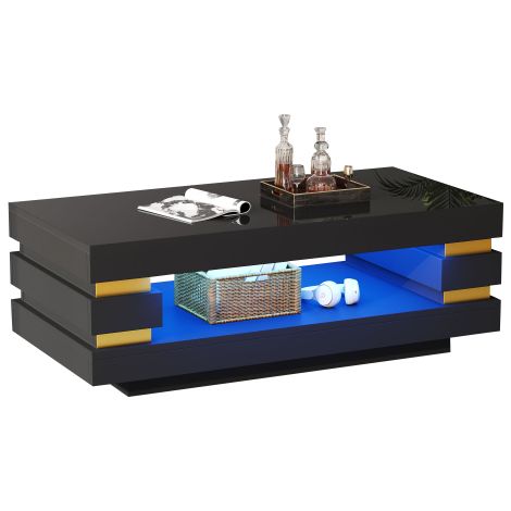 Table basse 100x50cm brillante LED ambiance rangement pour petit salon