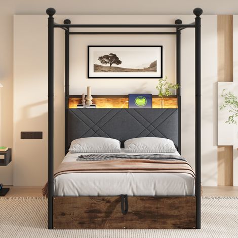 Lit à baldaquin multifonction 90x190 cm en métal noir avec tête de lit rembourrée, LED, USB et coffre (1/5)
