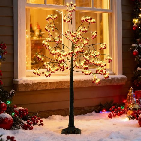 COSTWAY 150 cm Arbre Artificielle Lumineux, 384 Boules Rouges, Sapin de Noël, 480 LED Blanc Chaud, Branches Flexibles, Piquets de Sol, Noel Decoration Exterieur Interieur (1/5)