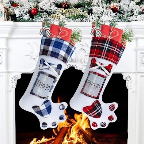 Chaussettes de Noël pour animaux de compagnie, grande chaussette de 46 cm avec motif de patte et porte-photo pour chien et chat. Décorations de Noël pour toute la famille. (1/4)