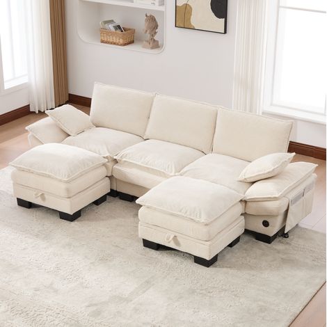 FloraGrace canapé modulable 3 places avec 2 poufs, 260 x 132 x 84 cm, corduroy beige, USB C, poches latérales (1/5)