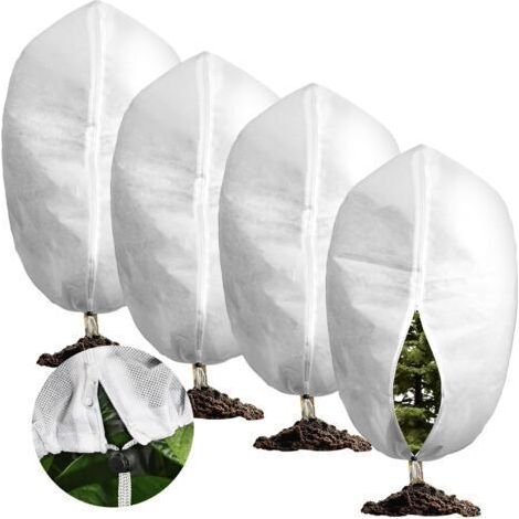 Housse Hivernage Plante, Lot de 4 Voile Hivernage Plante Exterieur 80x100cm Avec Fermeture Éclair et Cordon de Serrage, 70g/m² Housses de Protection pour Plantes, Anti-Gel et Intempéries, Réutilisable (1/5)
