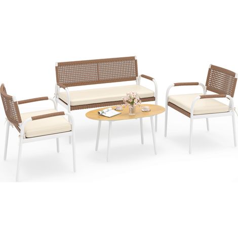 Ensemble Mobilier de Patio 4 Pièces, Canapé 2 Places en Rotin PE, 2 Fauteuils avec Coussins d'Assise, Table en Verre Trempé, pour Balcon, Porche (1/5)