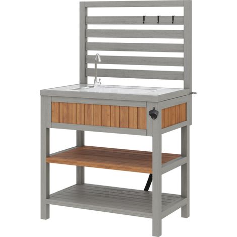 Armoire de jardin multifonction en bois massif avec évier, robinet et ouvre-bouteille, rangement extérieur résistant aux intempéries (1/5)