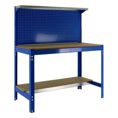 SimonRack Banco da Lavoro con Pannello Forato e Ripiano Superiore – Portata 600 kg – 1445x1510x610 mm – Tavolo Officina Fai da Te – Blu/Legno – BT-3