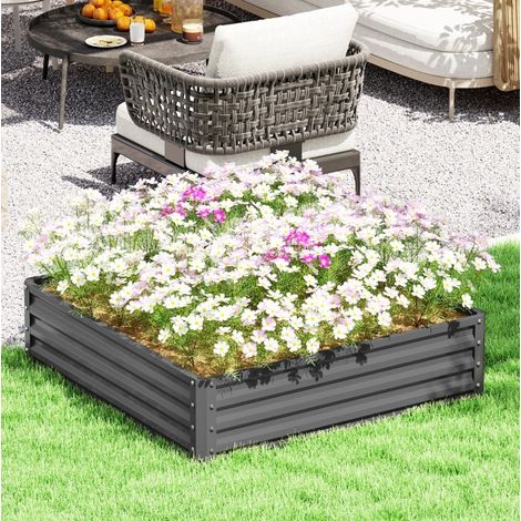 Carré potager surélevé 120x120x30 cm en acier gris clair, facile à monter, jardin FloraGrace (1/5)