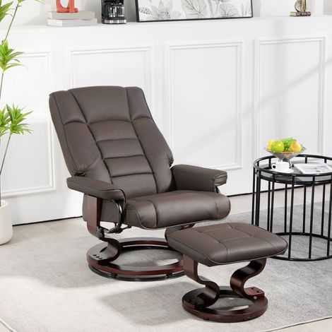 Sillón reclinable con reposapiés, giratorio e inclinable, tapizado en polipiel, hasta 150 kg, estructura de madera, color marrón.
