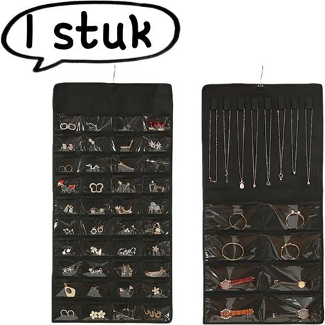 pièce Sac de rangement Sac de rangement pour bijoux en tissu non tissé Sac de rangement double face pour colliers anti poussière noir sac suspendu noir à 48 compartiments (1/5)