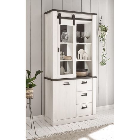 Vitrine inkl. Beleuchtung SHELTON-61 in Pinie weiß Nb. mit anthrazit, B/H/T: ca. 93/201/38 cm (1/5)