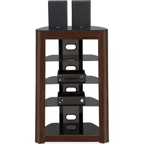 Homeology ZINNIA 5-Tier Black Glass Shelves with Walnut Fascia Entertainment Media Audio Rack Stand (1/5)
