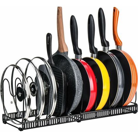 Porta-pentole in acciaio inox con 10 scomparti regolabili, ideale per utensili da cucina, padelle, pentole e coperchi (nero) (1/5)