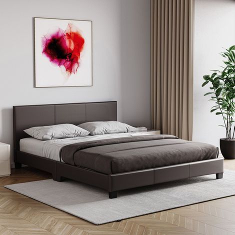Lisbon 5ft King Size Faux Leather Bed Frame, 150 x 200 cm, Brown