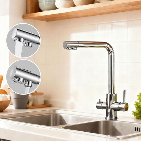 Aica Sanitaire – Robinet de cuisine 3 voies avec filtre à eau potable – Acier inoxydable 304 – Sortie pivotante 360° – Installation facile pour double évier (1/5)