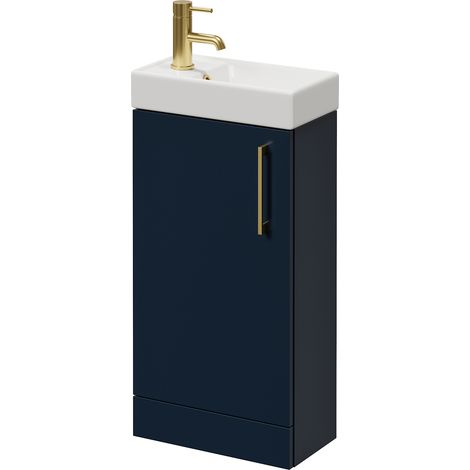 Napoli Cube Deep Blue 400mm Single Door Vanity Unit with Align Basin - 400mm - Brushed Brass 160mm Handle