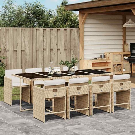 Ensemble repas de jardin 9 pièces avec coussins, poly rotin beige, table 220 x 106 cm - PANGIVO (1/5)
