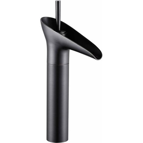 Robinet de lavabo de salle de bain, robinet style cascade, mitigeur rétro noir à poignée unique, eau chaude et froide réglable, en laiton, finition émaillée cuite multicouche. (1/5)