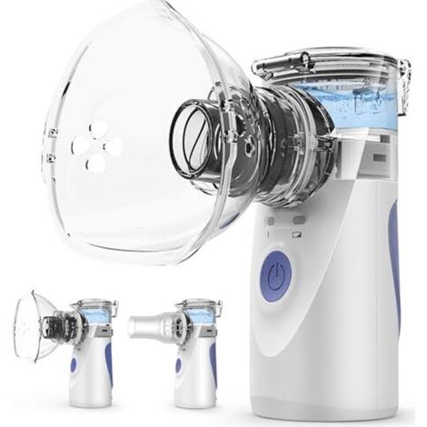 Dispositivo de inhalación portátil: ultrasilencioso, niebla ajustable (1-5 µm), tamaño de partícula ≤ 3,5 µm, funciona con corriente eléctrica y pilas, 3 tipos de mascarillas para adultos y niños. (1/5)