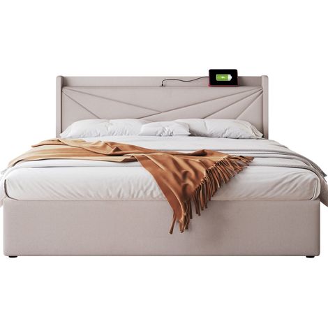 CHICFURN Cama doble 180x200 con almacenaje, cabecero con USB y USB-C, estructura de metal y madera, tapizada en tela beige, con somier, sin colchón (1/5)