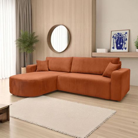 Canapé KIARA d'angle réversible convertible 4 places en velours côtelé - Terracotta (1/5)