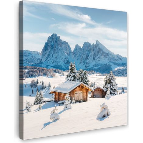 TABLEAU SUR TOILE Hiver - Chalet - Montagnes - Vues - Neige Tableau Chambre Adulte 90x90 cm