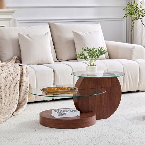 Table basse 90x70x44 cm noyer et transparent, double plateau en verre de sécurité, MDF MEUBLIV (1/5)