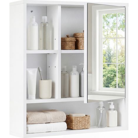 Armoire Murale Salle de Bain avec Miroir, 55 x 61 cm, Armoire de Toilette avec Étagère Réglable, 3 Compartiments Ouverts, Blanc (1/5)