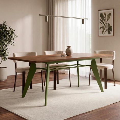 Table à manger extensible 140/180cm pieds métal kaki et plateau finition noyer MELOE (1/5)