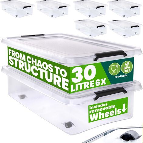 DEUBA® 30/60 Litre Plastic Rolling Storage Boxes w/Lid Stackable Clear BPA-Free 6x 30L (de)