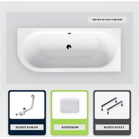 Asymmetrische Badewanne - 150 x 75 cm - Rechts - ohne Verkleidung - mit Füßen - Kopfstütze - Ablaufgarnitur Chrom - AVITA