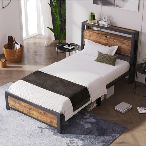Cama individual 90x200 cm natural de metal y madera con cabecero de almacenaje (1/5)