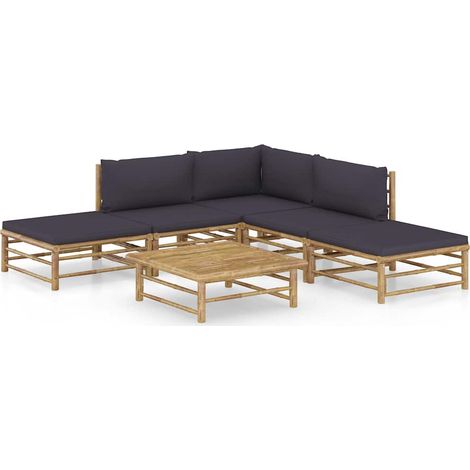 Salon de jardin 6 pcs Ensemble Table et Chaise de Jardin - avec coussins gris foncé Bambou BV221109 - BonneVie (1/5)