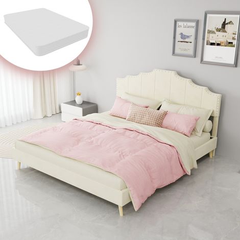 Cama 160x200 cm de tela y metal beige con colchón, cabecero alto para dormitorio – MEUBLIV (1/5)