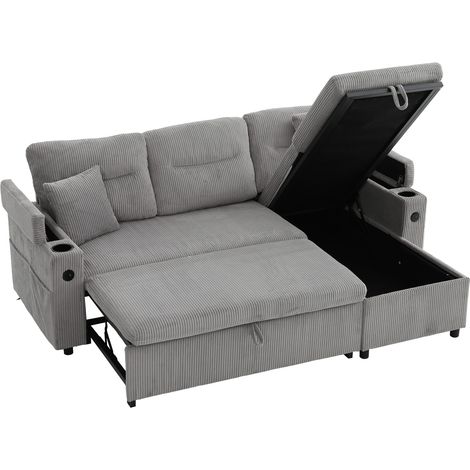 Canapé 3 places en velours côtelé avec rangement, porte-gobelets, USB-C, chaise longue hydraulique et lit tiroir 2 places (1/5)
