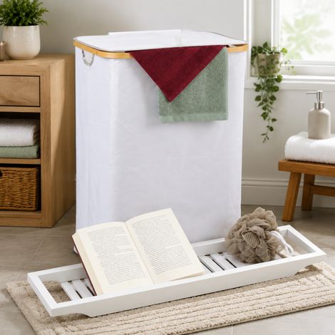 Set compatto per il bagno (2 pezzi) – Cesto portabiancheria da 105 litri con coperchio e mensola da bagno in bambù laccato bianco (1/4)