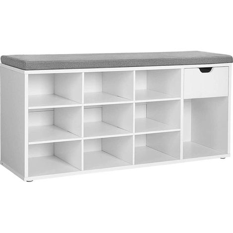 Banco zapatero banco de almacenaje con cajón y compartimentos abiertos estante para zapatos asiento acolchado para pasillo entrada dormitorio 104 x 30 x 48 cm blanco 120003576 (1/4)