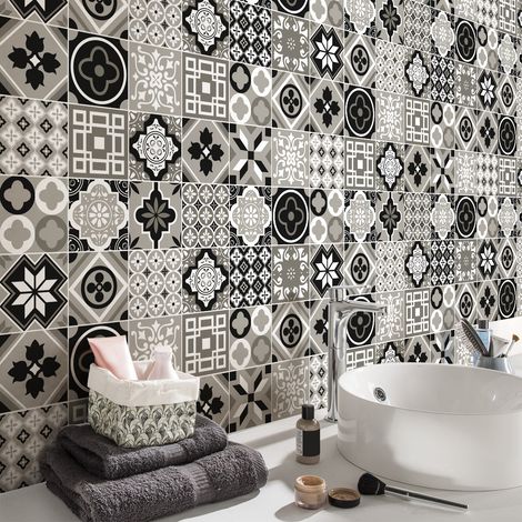 Lot de 24 stickers muraux carrelage adhésif 10x10cm – Motifs carreaux de ciment pour cuisine et salle de bain – Couverture 0,24m² - 24stickers10x10cm (1/5)