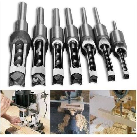 Jeu de mèches à mortaiser carrées en acier rapide (7 pièces) Matériau en acier au tungstène ultra dur Spécifiquement conçu pour le perçage de trous carrés dans le bois Évacuation des copeaux eff (1/5)