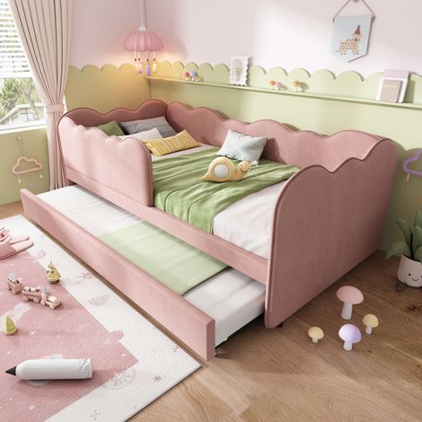 Daybed bambini 90x190 cm in velluto rosa, risparmia spazio in cameretta, senza materasso - FLORAGRACE (1/5)