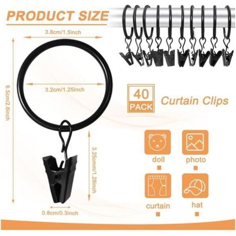 40 Stück Gardinenringe, robuste Gardinenclips mit Ringen, rostfrei für 32-mm-Gardinenstangen